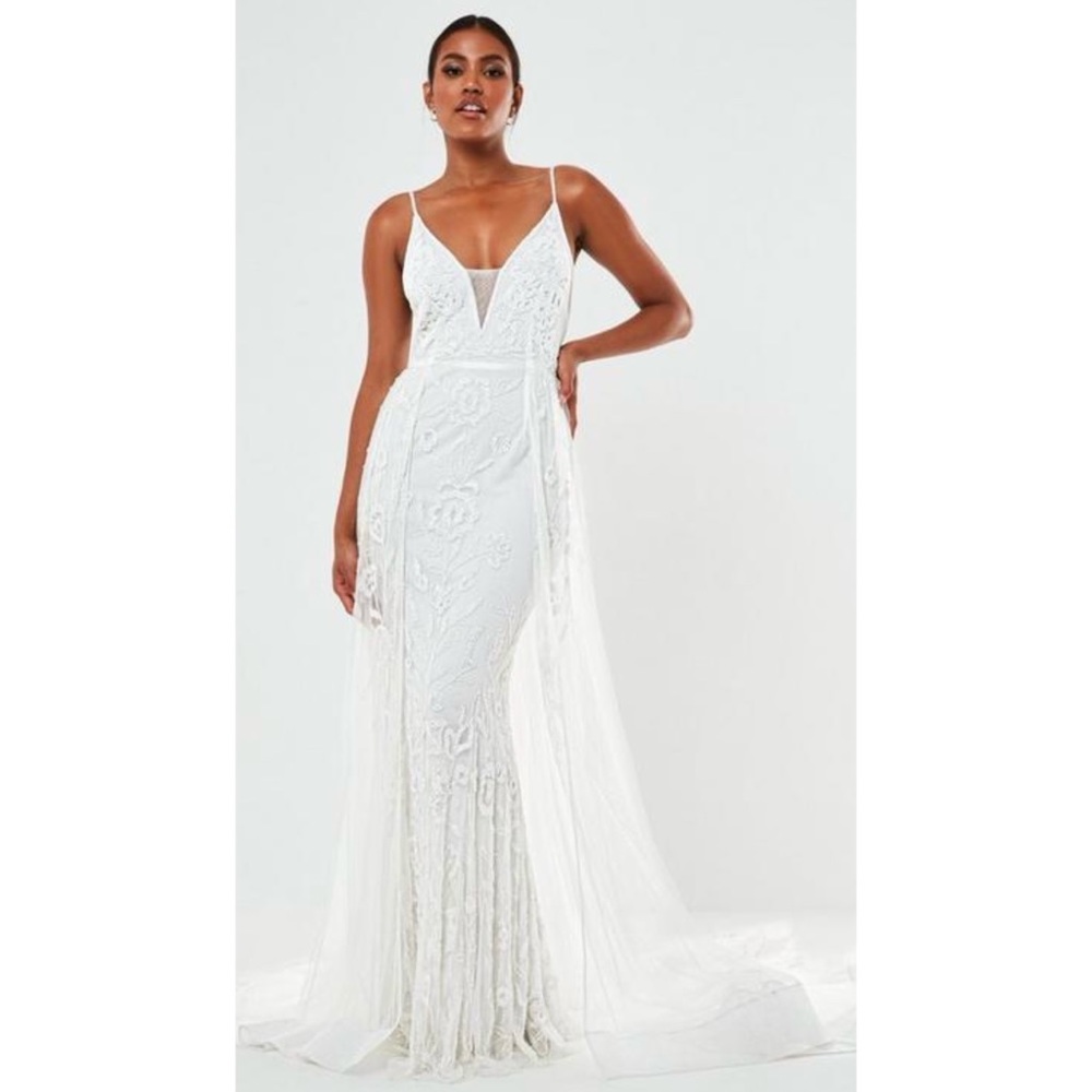 Missguided white hand beaded plunge wedding dress